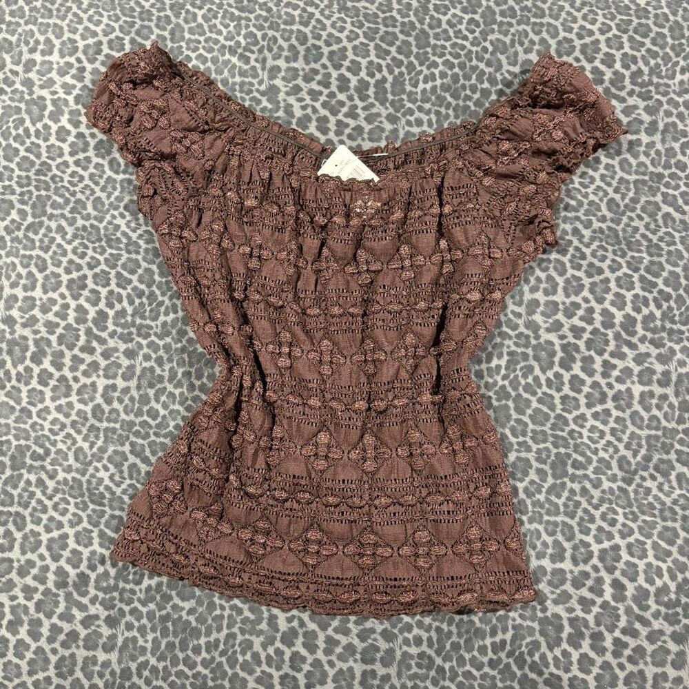 Vintage Vixen Brown Lace Off Shoulder Top Made in USA Romantic Y2K Sheer Lace